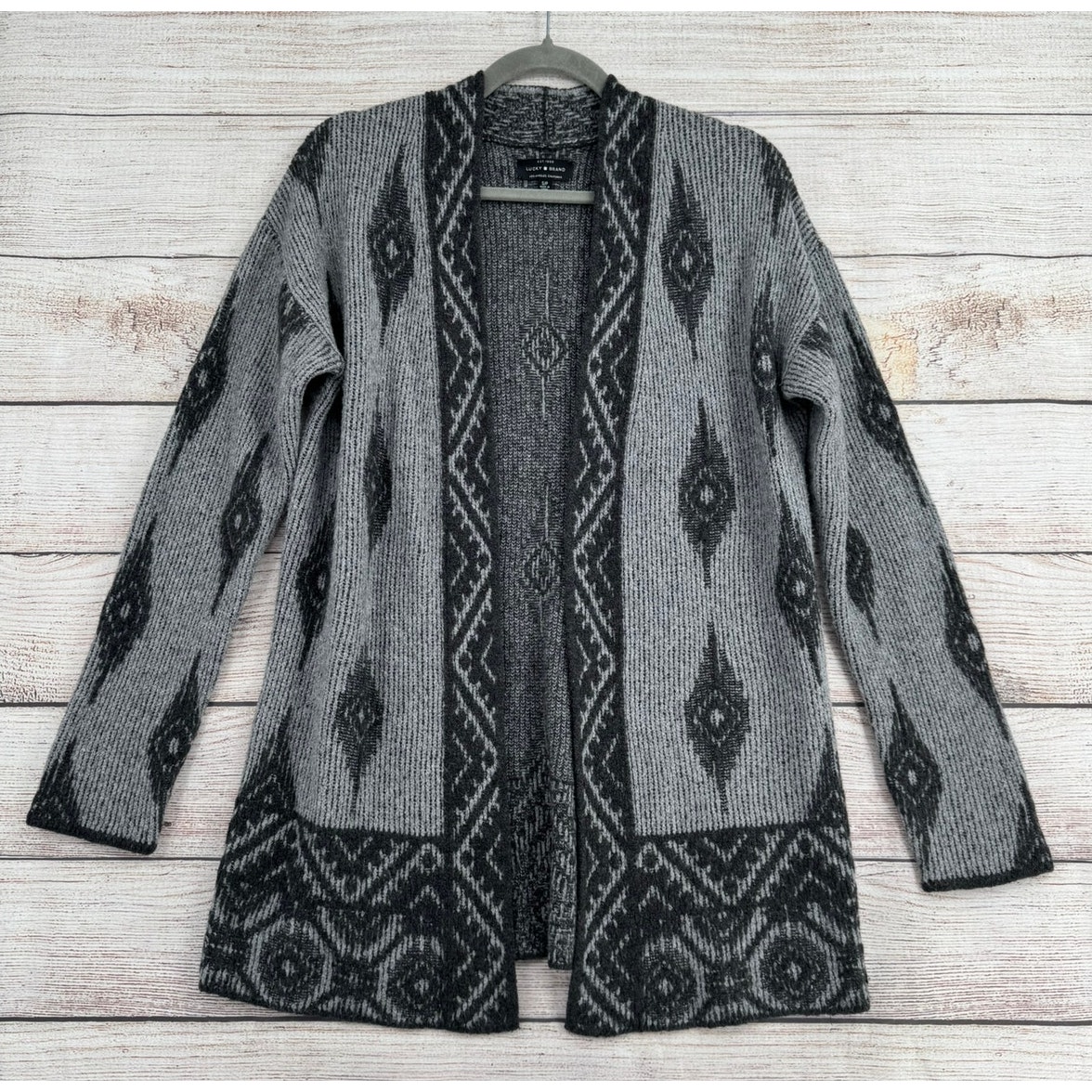 Lucky Brand Southwest Print Wool Blend Open Front Cardigan Sweater Womens S Gray
